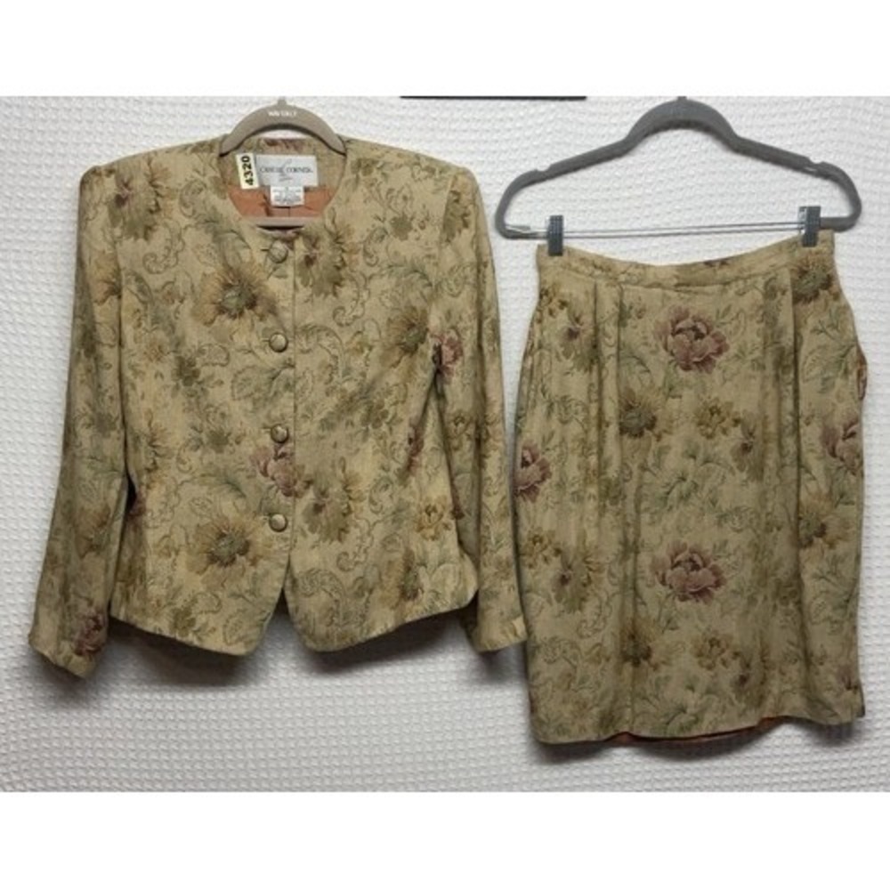 VTG Casual Corner Champagne Tan Two Piece Skirt Suit Women‎ 12 Korea Rayon/Linen